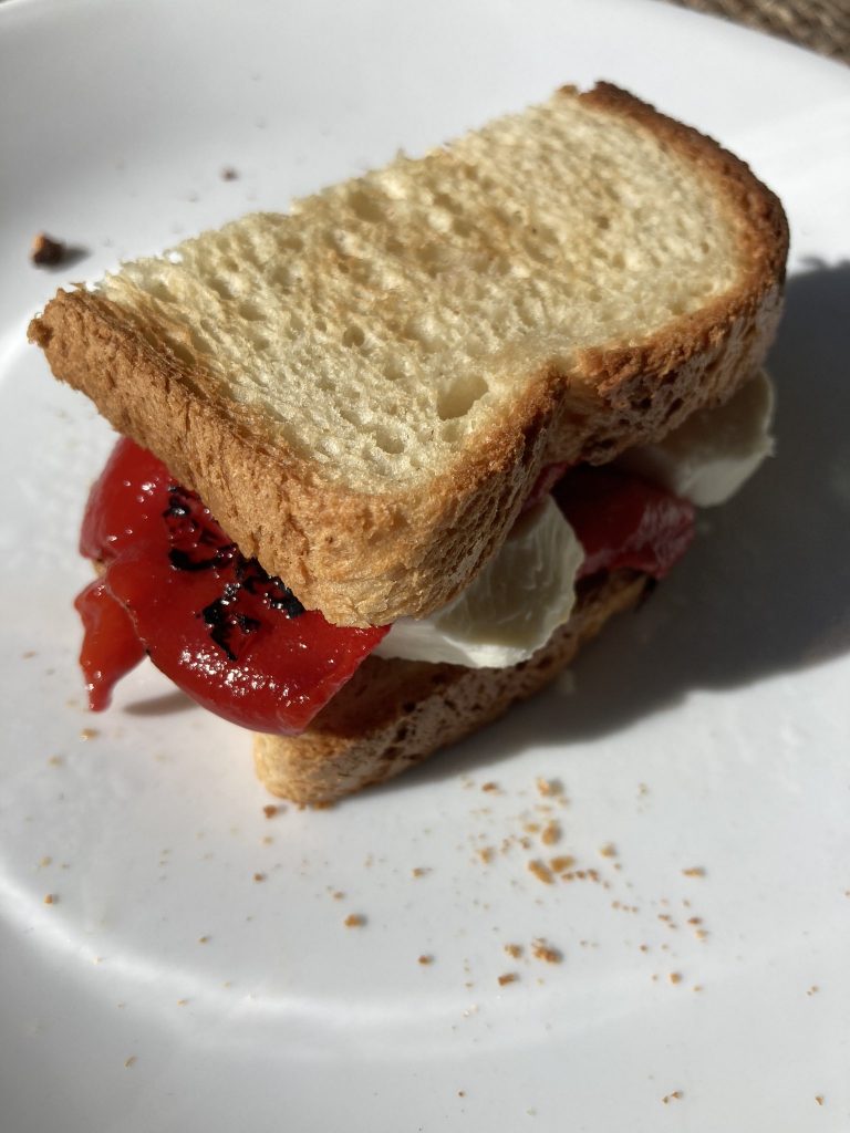 Half mozzarella and roasted red pepper sandwich with crumbs on a white plate