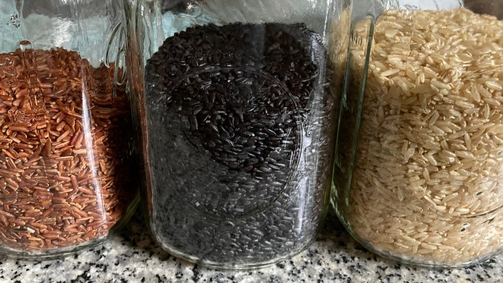 Dry red rice, black rice, and brown rice in mason jars