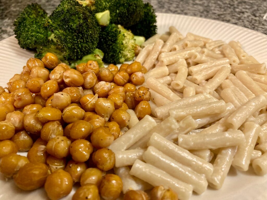 roasted chickpeas and broccoli with macaroni and cheese