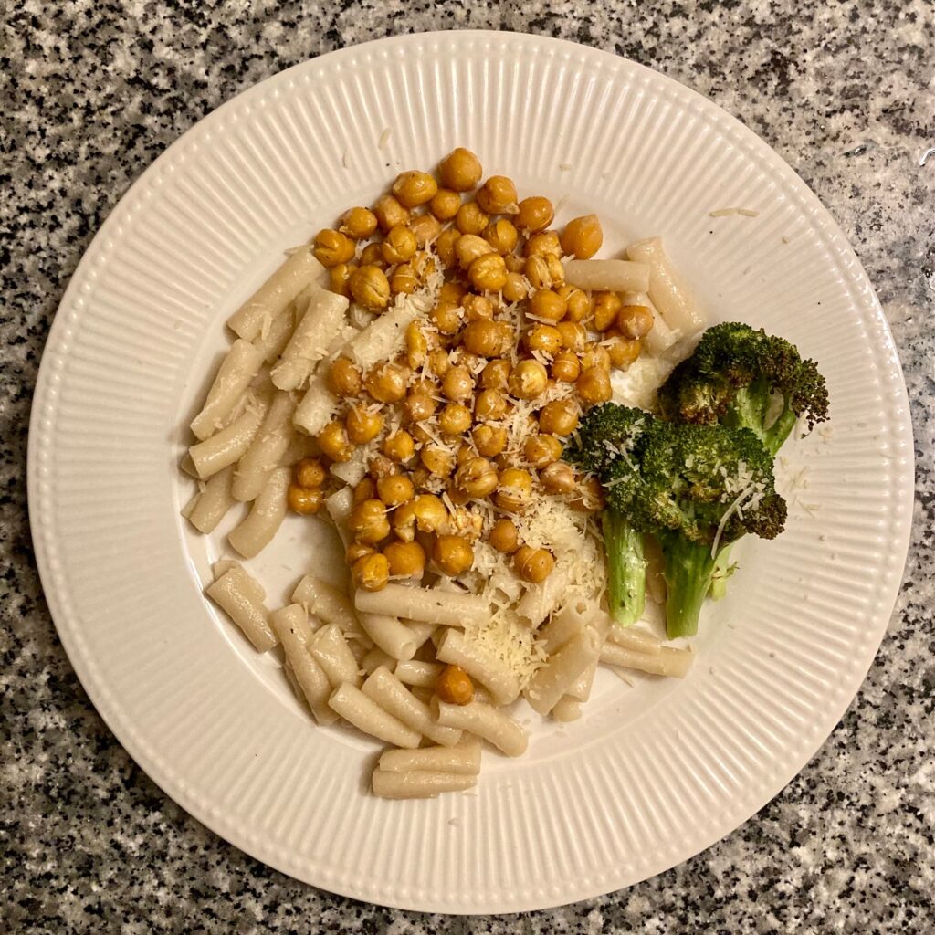 roasted broccoli and chickpeas with gluten-free pasta