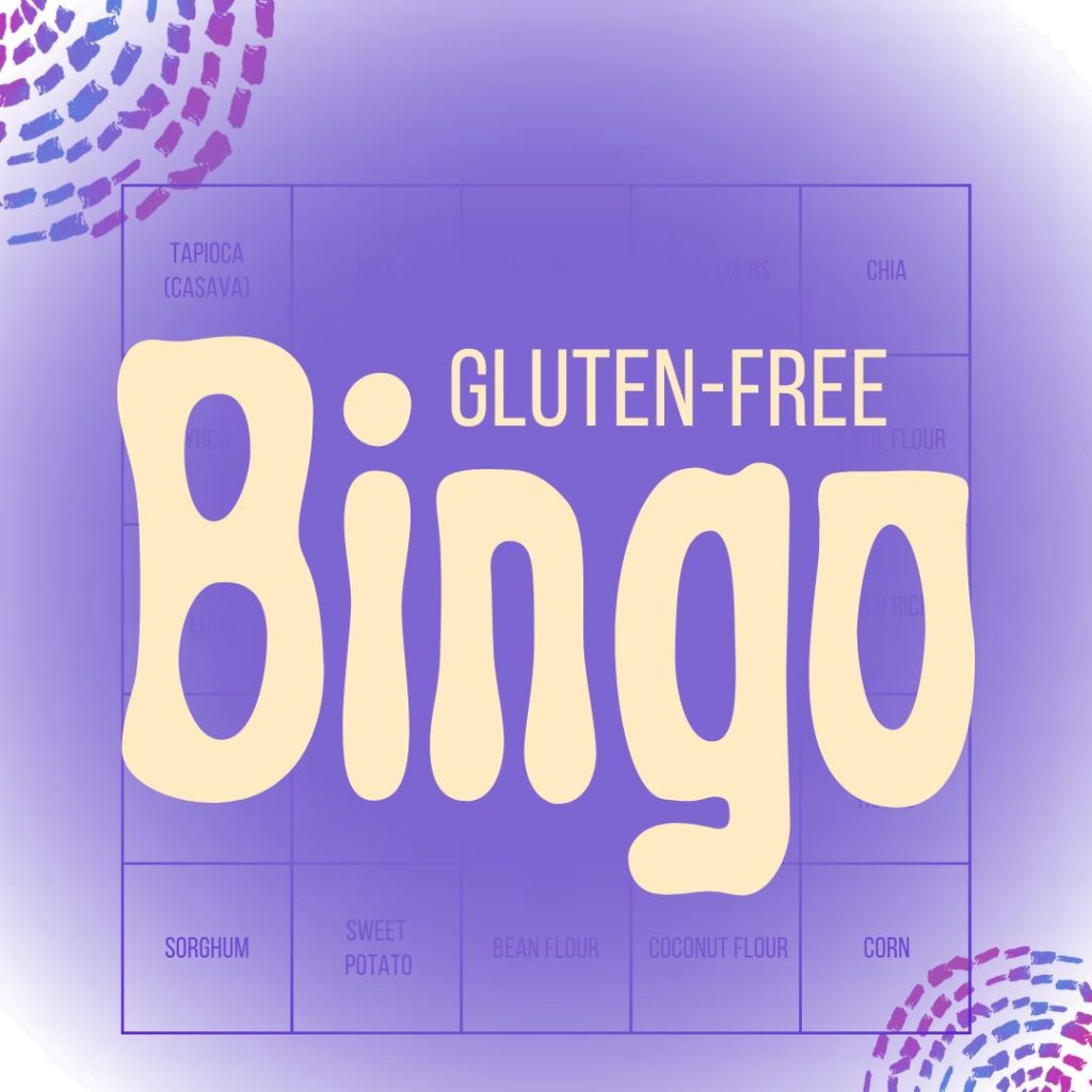stylized words, gluten free bingo, over bingo card