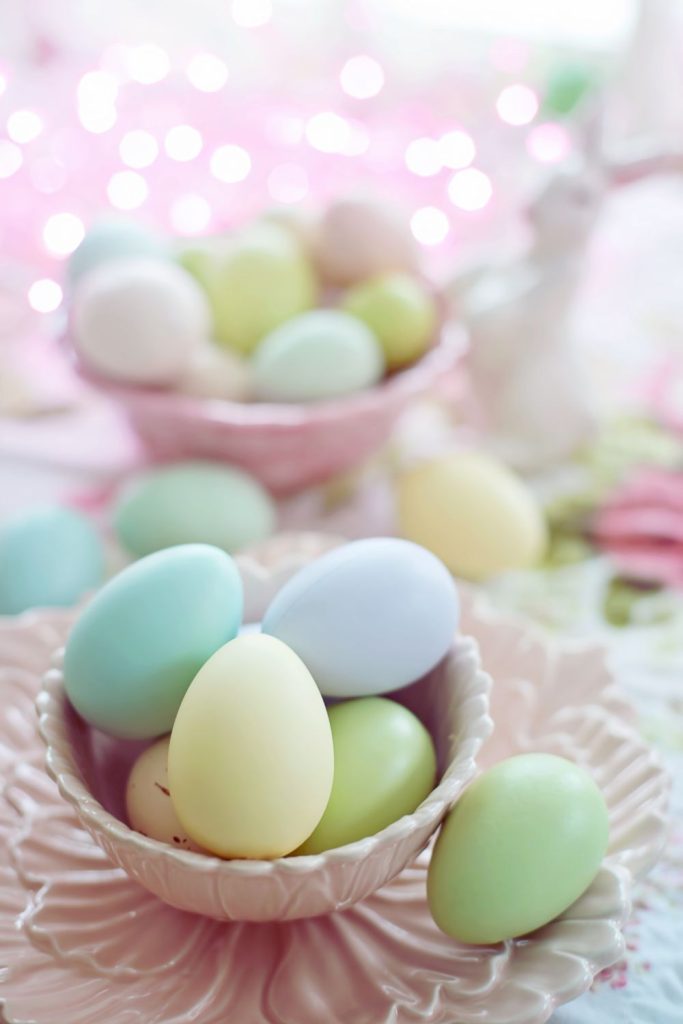 dish of dyed hard boiled eggs for Easter brunch